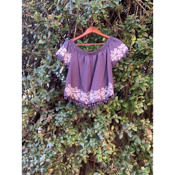 Blue Rain navy blue off the shoulder top with white embroidery - Picture 6 of 11